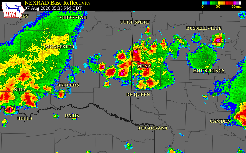 NEXRAD radar during the Friday, August 7, 2026 storm activity in McCurtain County, Oklahoma