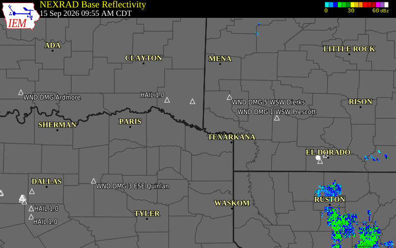Current NEXRAD radar over McCurtain County, Oklahoma with recent storm report locations