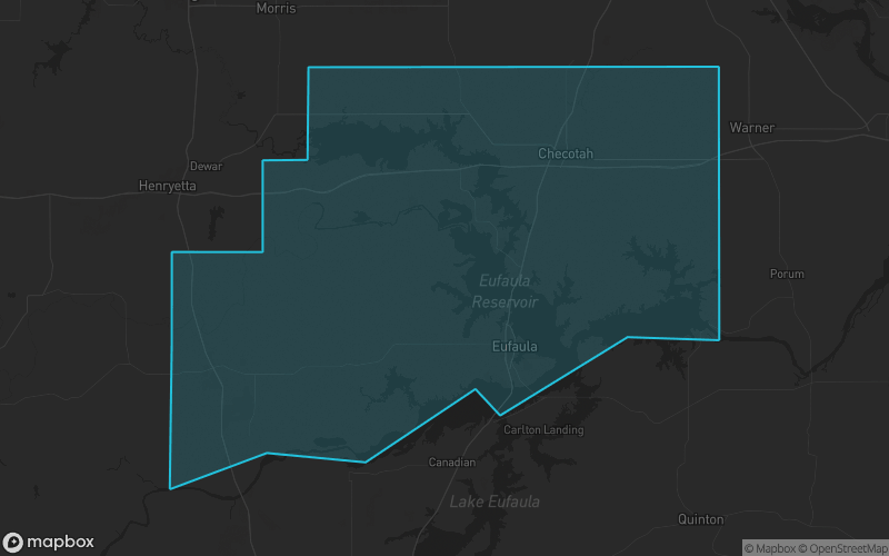 Map of McIntosh County, Oklahoma showing the county boundary and surrounding cities