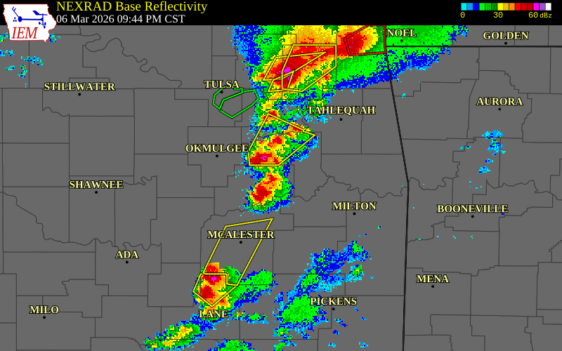 NEXRAD radar during the Friday, March 6, 2026 storm activity in McIntosh County, Oklahoma