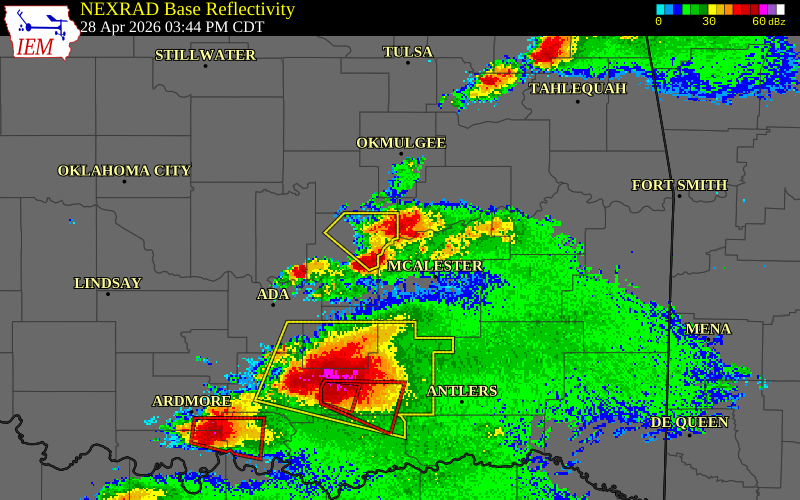 NEXRAD radar during the Tuesday, April 28, 2026 storm activity in McIntosh County, Oklahoma