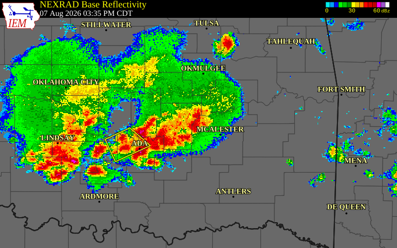 NEXRAD radar during the Friday, August 7, 2026 storm activity in McIntosh County, Oklahoma