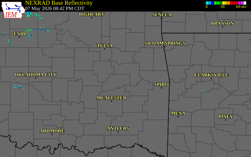 Radar snapshot during the May 7, 2026 hail event near 4 E Checotah, McIntosh County, Oklahoma, with NWS warning polygons
