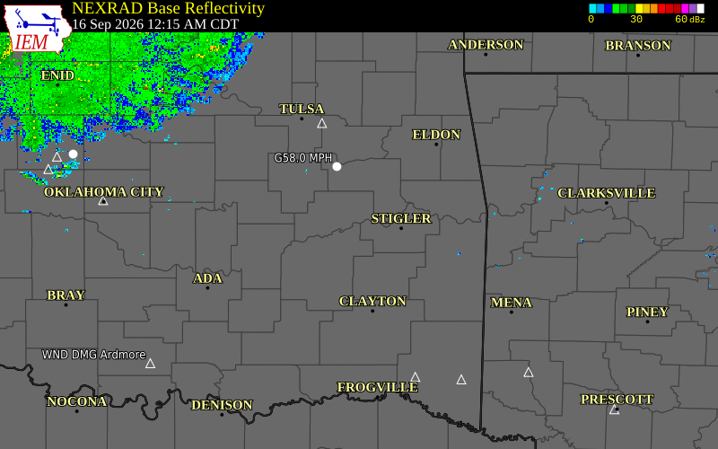 Current NEXRAD radar over McIntosh County, Oklahoma with recent storm report locations
