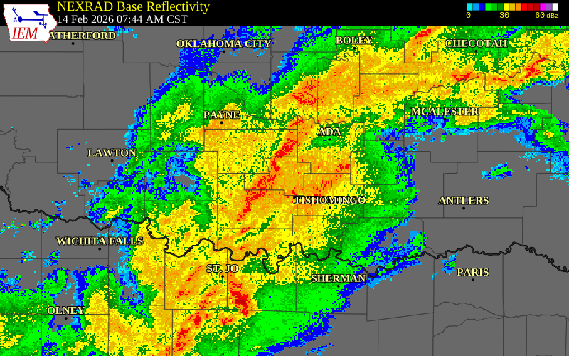 NEXRAD radar during the Saturday, February 14, 2026 storm activity in Murray County, Oklahoma