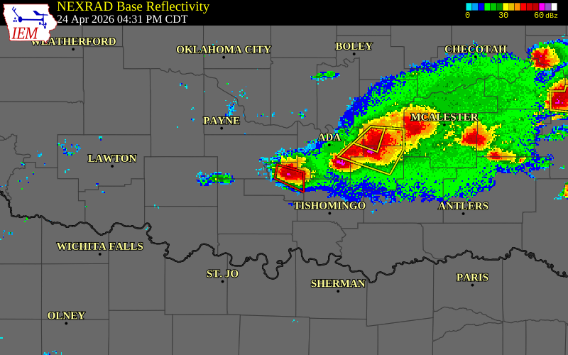 NEXRAD radar during the Friday, April 24, 2026 storm activity in Murray County, Oklahoma