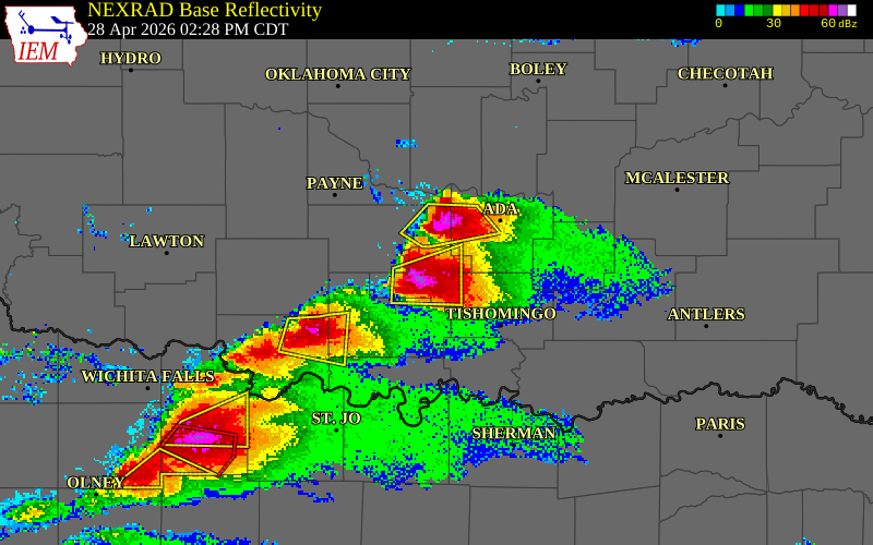 NEXRAD radar during the Tuesday, April 28, 2026 storm activity in Murray County, Oklahoma