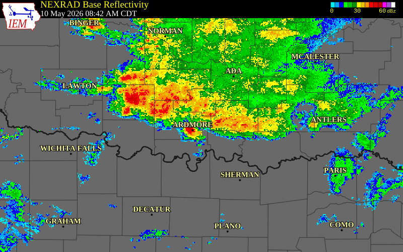 NEXRAD radar during the Sunday, May 10, 2026 storm activity in Murray County, Oklahoma