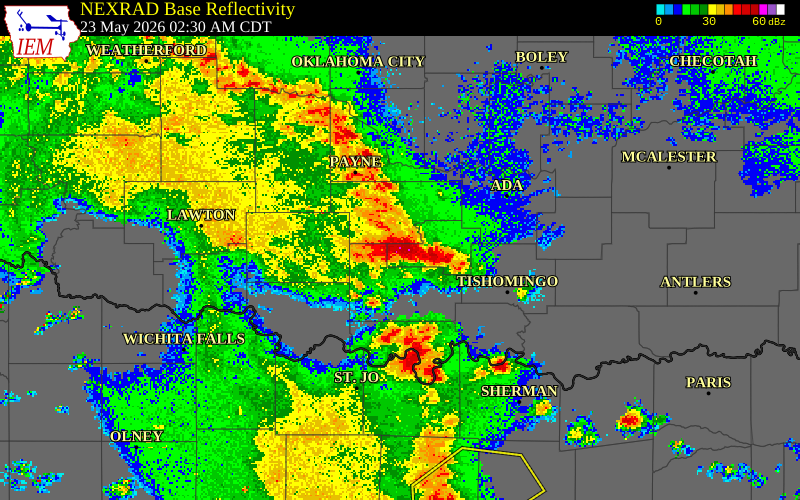 NEXRAD radar during the Saturday, May 23, 2026 storm activity in Murray County, Oklahoma