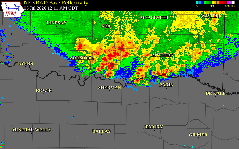 NEXRAD radar during the Sunday, July 5, 2026 storm activity in Murray County, Oklahoma