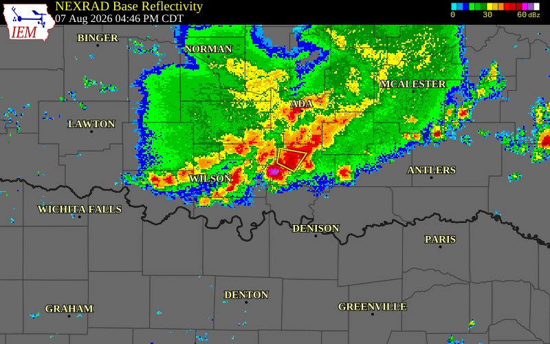 NEXRAD radar during the Friday, August 7, 2026 storm activity in Murray County, Oklahoma