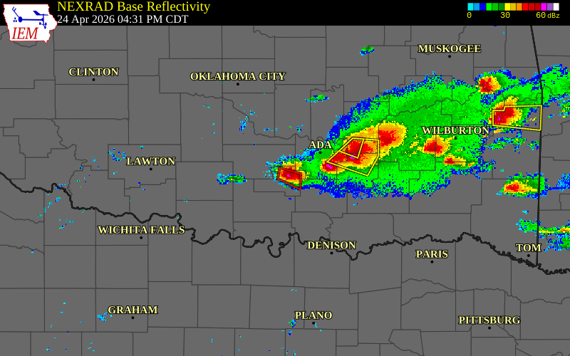 Radar snapshot during the Apr 24, 2026 hail event near 4 W Sulphur, Murray County, Oklahoma, with NWS warning polygons