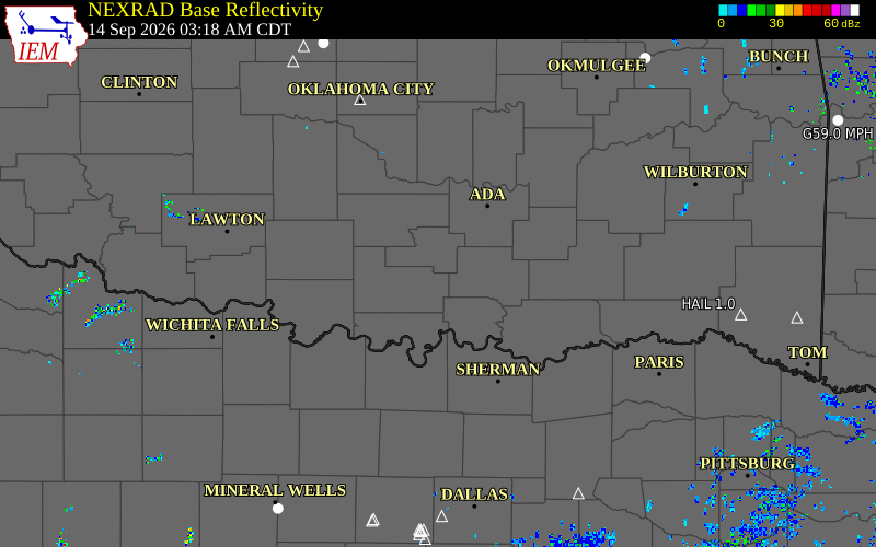 Current NEXRAD radar over Murray County, Oklahoma with recent storm report locations