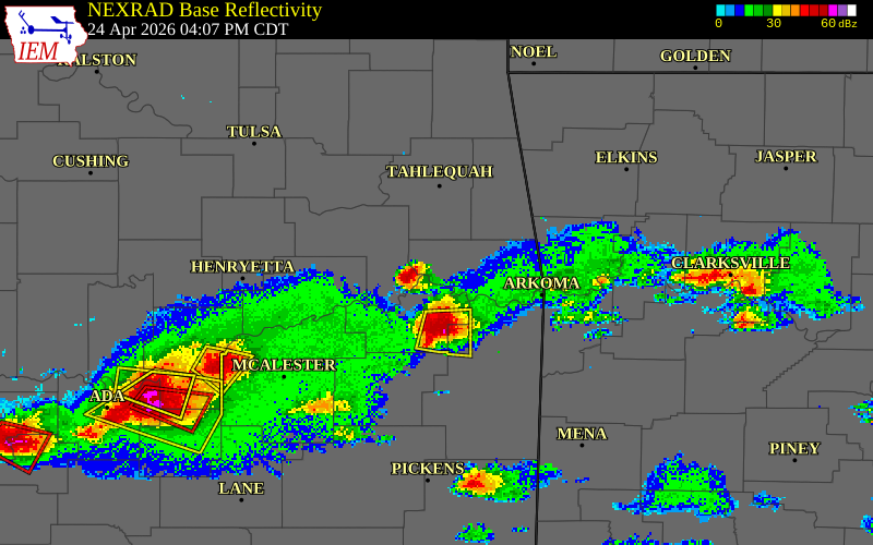 NEXRAD radar during the Friday, April 24, 2026 storm activity in Muskogee County, Oklahoma