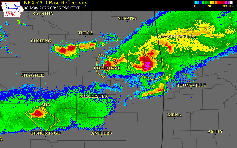 NEXRAD radar during the Friday, May 8, 2026 storm activity in Muskogee County, Oklahoma