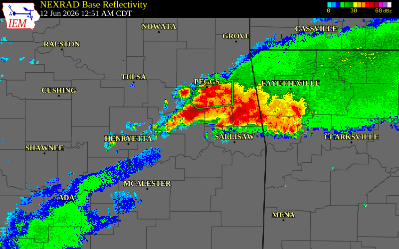 NEXRAD radar during the Friday, June 12, 2026 storm activity in Muskogee County, Oklahoma