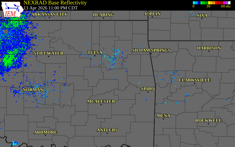 Radar snapshot during the Apr 13, 2026 tornado event near 3 S Muskogee, Muskogee County, Oklahoma, with NWS warning polygons