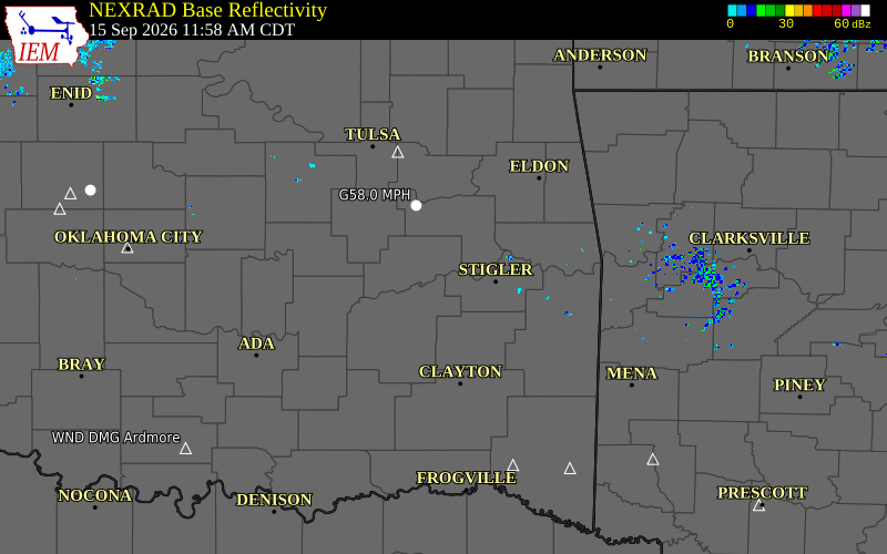 Current NEXRAD radar over Muskogee County, Oklahoma with recent storm report locations