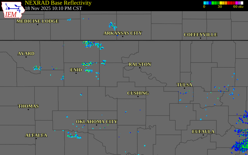 NEXRAD radar during the Tuesday, November 18, 2025 storm activity in Noble County, Oklahoma