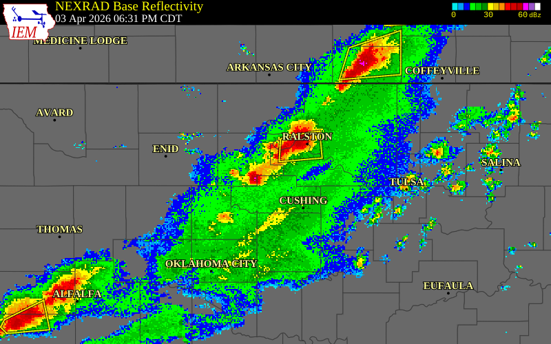 NEXRAD radar during the Friday, April 3, 2026 storm activity in Noble County, Oklahoma