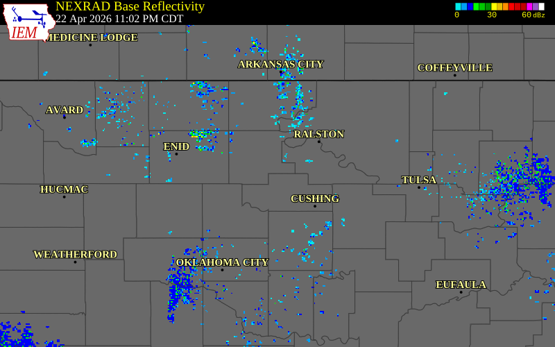 NEXRAD radar during the Wednesday, April 22, 2026 storm activity in Noble County, Oklahoma