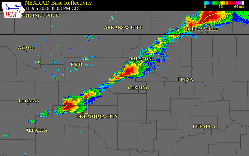 NEXRAD radar during the Thursday, June 11, 2026 storm activity in Noble County, Oklahoma