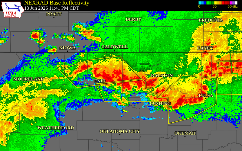 NEXRAD radar during the Saturday, June 13, 2026 storm activity in Noble County, Oklahoma