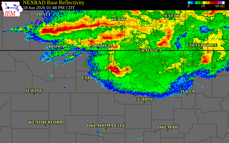 NEXRAD radar during the Thursday, June 18, 2026 storm activity in Noble County, Oklahoma