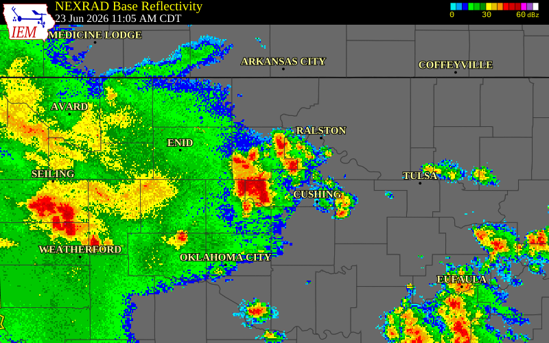 NEXRAD radar during the Tuesday, June 23, 2026 storm activity in Noble County, Oklahoma