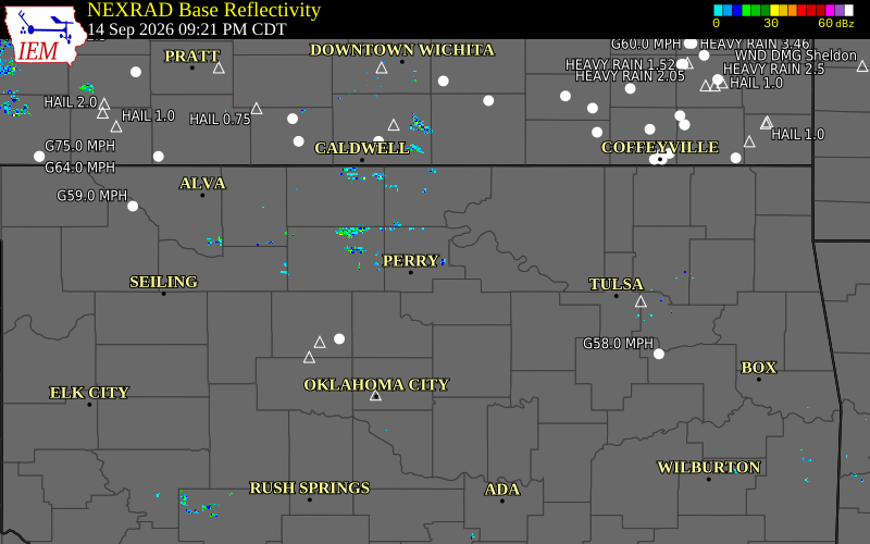 Current NEXRAD radar over Noble County, Oklahoma with recent storm report locations