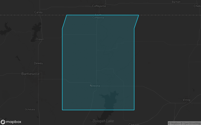 Map of Nowata County, Oklahoma showing the county boundary and surrounding cities