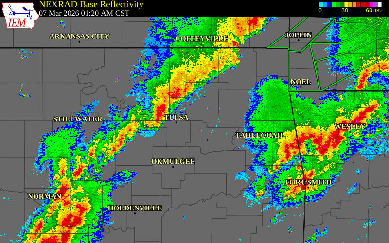 NEXRAD radar during the Saturday, March 7, 2026 storm activity in Nowata County, Oklahoma