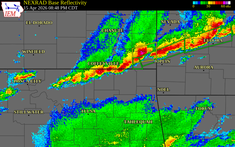 NEXRAD radar during the Wednesday, April 15, 2026 storm activity in Nowata County, Oklahoma
