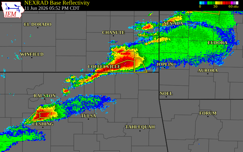 NEXRAD radar during the Thursday, June 11, 2026 storm activity in Nowata County, Oklahoma