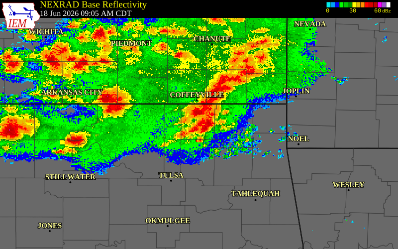 NEXRAD radar during the Thursday, June 18, 2026 storm activity in Nowata County, Oklahoma