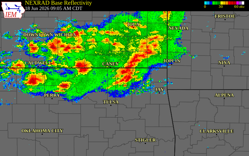 Radar snapshot during the Jun 18, 2026 wind event near 2 ESE Delaware, Nowata County, Oklahoma, with NWS warning polygons