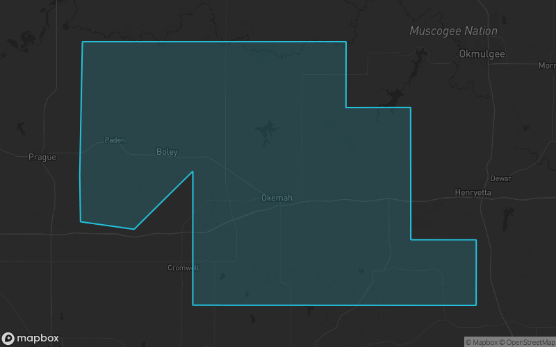 Map of Okfuskee County, Oklahoma showing the county boundary and surrounding cities