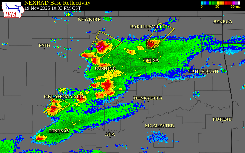 NEXRAD radar during the Wednesday, November 19, 2025 storm activity in Okfuskee County, Oklahoma