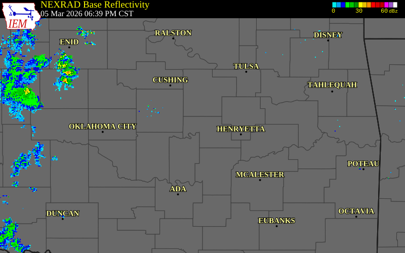 NEXRAD radar during the Thursday, March 5, 2026 storm activity in Okfuskee County, Oklahoma