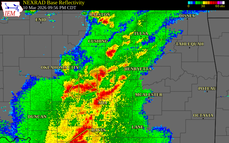 NEXRAD radar during the Tuesday, March 10, 2026 storm activity in Okfuskee County, Oklahoma