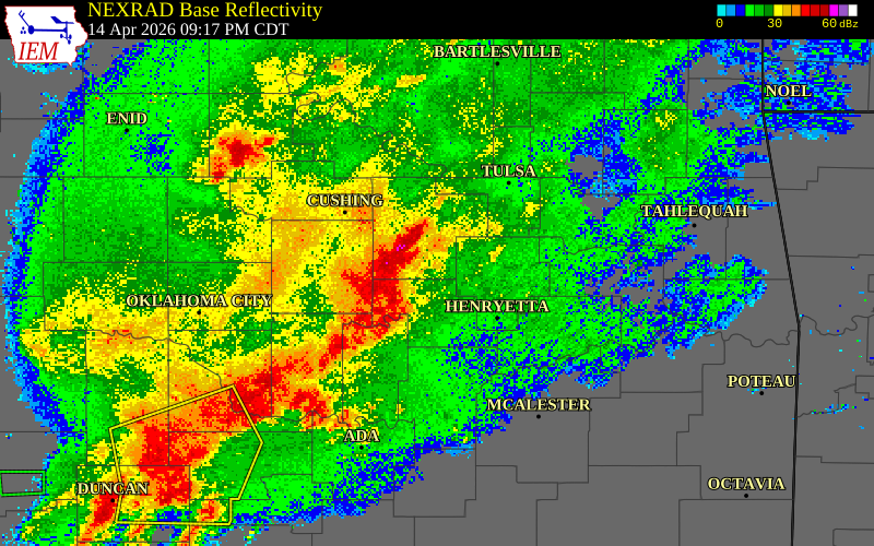 NEXRAD radar during the Tuesday, April 14, 2026 storm activity in Okfuskee County, Oklahoma
