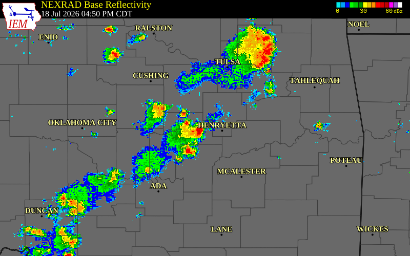 NEXRAD radar during the Saturday, July 18, 2026 storm activity in Okfuskee County, Oklahoma