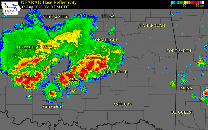 NEXRAD radar during the Friday, August 7, 2026 storm activity in Okfuskee County, Oklahoma