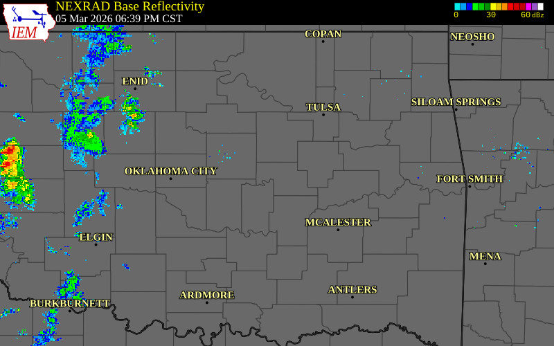 Radar snapshot during the Mar 5, 2026 tornado event near 6 NNW Castle, Okfuskee County, Oklahoma, with NWS warning polygons