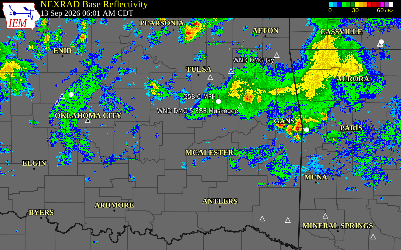 Current NEXRAD radar over Okfuskee County, Oklahoma with recent storm report locations