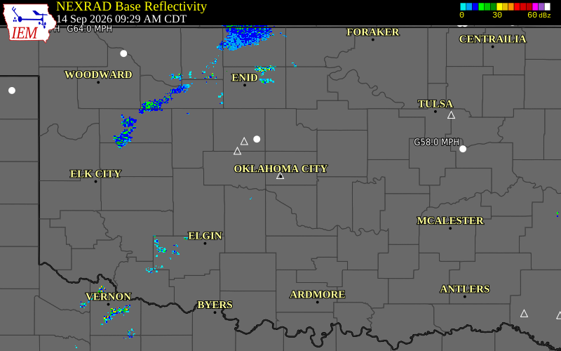 Current NEXRAD radar over Oklahoma County, Oklahoma with recent storm report locations