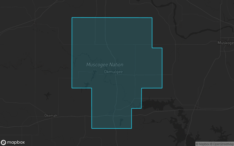 Map of Okmulgee County, Oklahoma showing the county boundary and surrounding cities