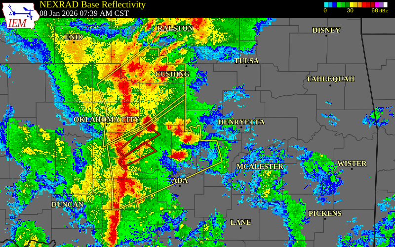 NEXRAD radar during the Thursday, January 8, 2026 storm activity in Okmulgee County, Oklahoma