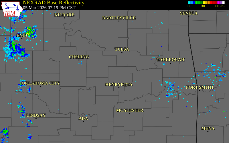 NEXRAD radar during the Thursday, March 5, 2026 storm activity in Okmulgee County, Oklahoma