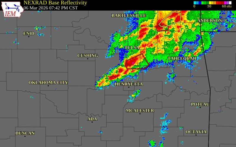 NEXRAD radar during the Friday, March 6, 2026 storm activity in Okmulgee County, Oklahoma